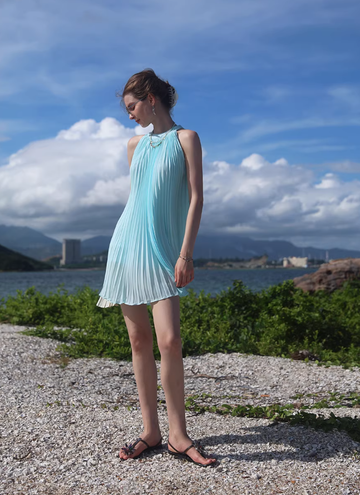 Blue A Line Halter Pleated Chiffon Short Homecoming Dress Vacation Dress Outfits HZ1023